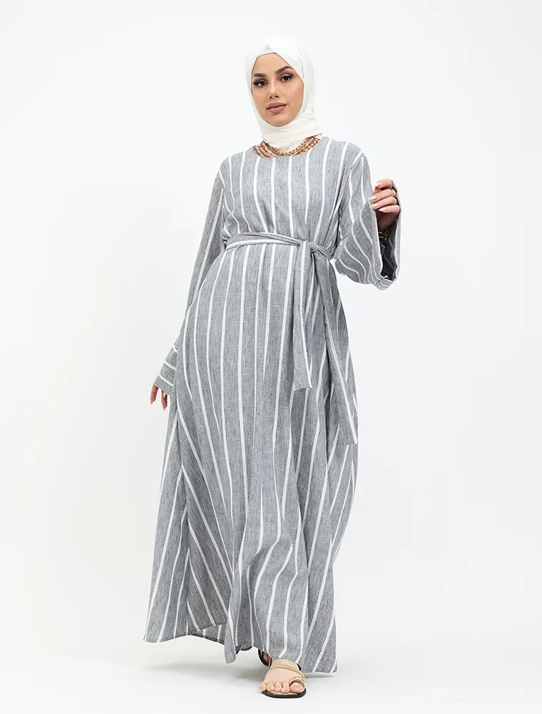Grey Linen Feel Striped Belted Abaya